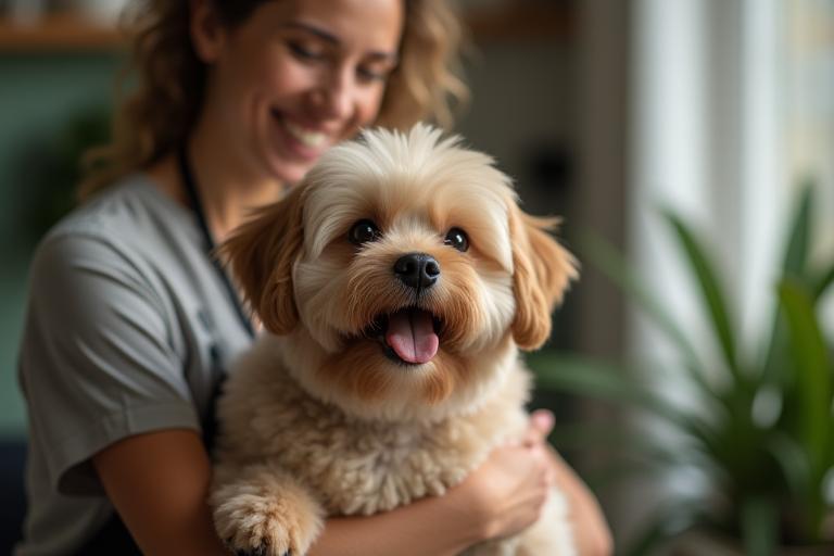 Groomer cuddling a happy, freshly-groomed dog